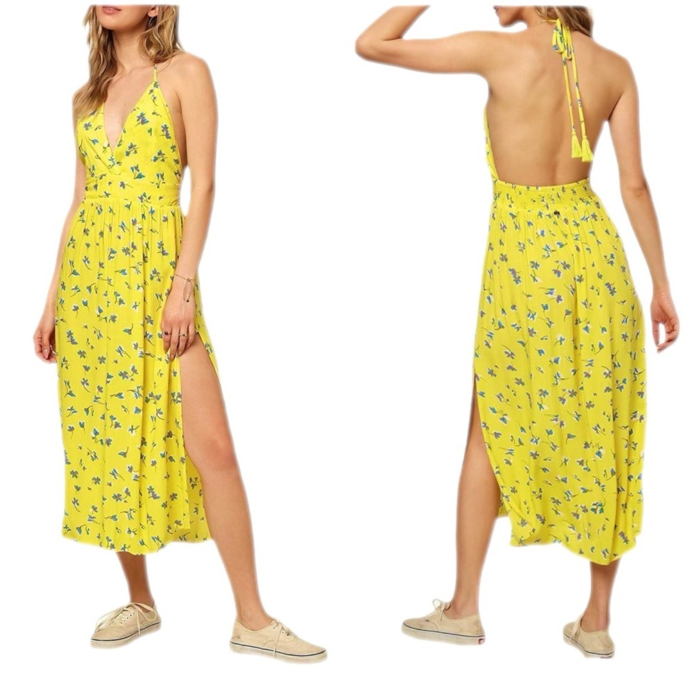 O'NEILL Women's Floral Spaghetti Strap Midi Cover Up Dress Bright Lemon/Size: XL